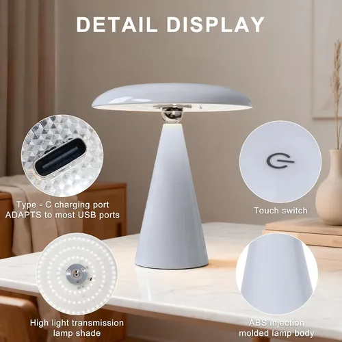 Vista 5 de Lámpara de setas de mediados de siglo moderna, lámpara de mesa LED recargable sin cable, luz de cabecera regulable táctil de 3 temperaturas