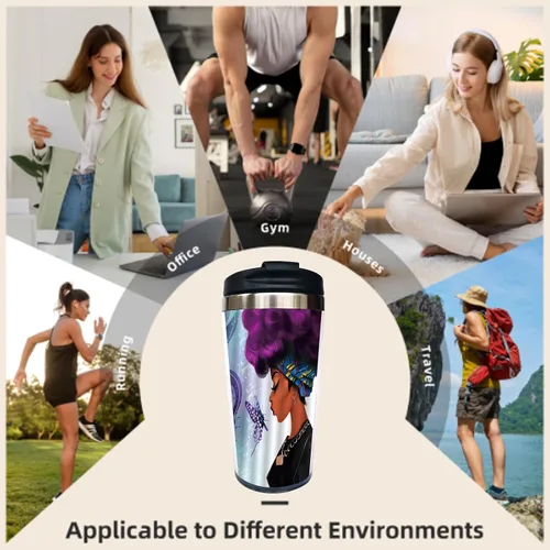 Vista 5 de Taza de café de viaje de 13 onzas para mujeres afroamericanas, taza de acero inoxidable con tapa, taza de viaje aislada al vacío de doble pared