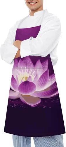 Vista 4 de MUSM Lotus Flower Purple Apron，Classic Vintage Funny with Pockets Aprons,Adjustable Bib Waterdrop Resistant for Kitchen Cooking Restaurant BBQ