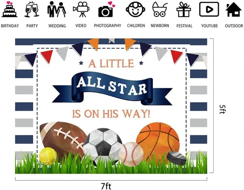 Vista 7 de Lofaris A Little All Star is On His Way - Telón de fondo para baby shower, niños, deportes, cumpleaños, fútbol, baloncesto, tenis, golf, recién
