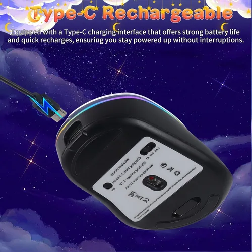Vista 5 de elec Space Ratón inalámbrico Bluetooth con retroiluminación RGB de cielo estrellado y luz de respiración degradada, mouse ergonómico recargable