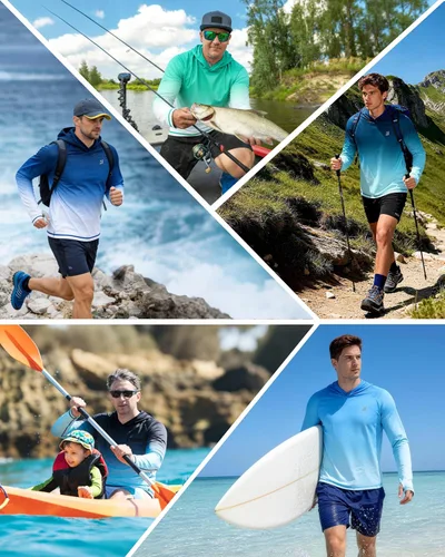 Vista 6 de Roadbox Sudadera con capucha UPF 50+ para hombre, con capucha UV, manga larga, ligera, protección contra erupciones SPF para exteriores, senderismo