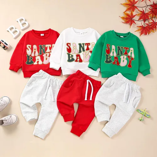 Vista 6 de Foidiccx Conjunto de ropa de Navidad para bebé niño y niña, sudadera bordada de Papá Noel, ropa de otoño e invierno