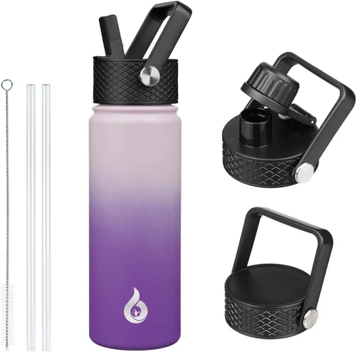 Vista 31 de BJPKPK Botellas de Agua Aisladas con Tapa de Pajita, Botella de Agua de Acero Inoxidable de 18oz, Termo Frío Caliente con 3 Tapas, Vaso de Viaje a