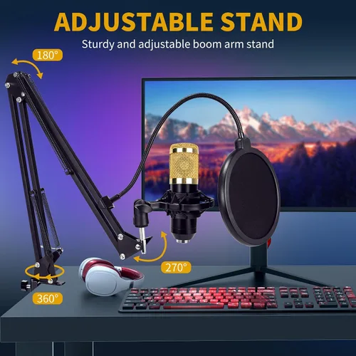 Vista 4 de AMOOX Micrófono de condensador, micrófono USB profesional Plug & Play para PC con condensador cardioide, kit de micrófono con soporte de brazo