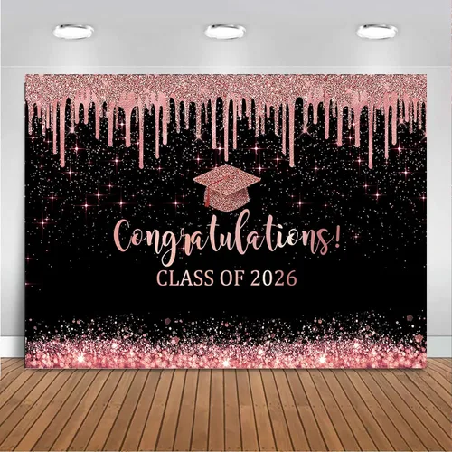 Vista 9 de Mocsicka Fondo de graduación de 7 x 5 pies 2026, decoraciones de graduación negro y dorado, pancarta de felicitaciones de graduación 2026, fondo
