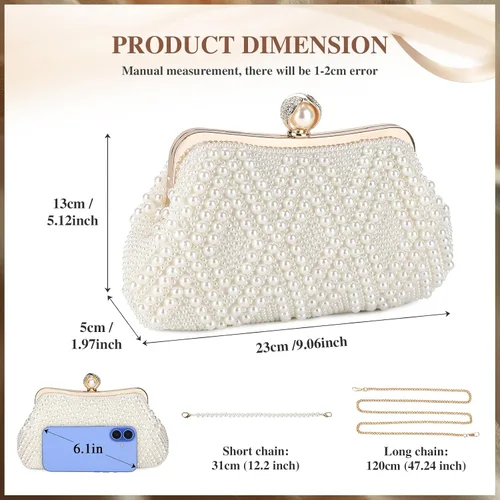 Vista 4 de UBORSE Bolso de mano de perlas para mujer, bolso de noche con cuentas de cristal noble para boda, con cadena de perlas