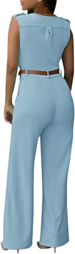 Vista 3 de Pink Queen Overol para mujer, cuello en V, sin mangas, pierna ancha, pantalones largos