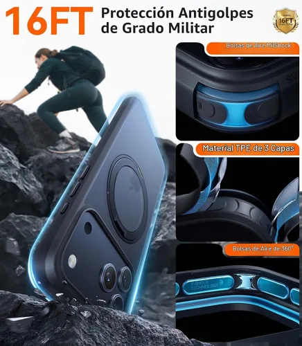 Vista 6 de TORRAS Funda con soporte magnético mejorado de 360 grados para iPhone 17 PRO con botón de control de cámara, compatible con MagSafe, protección