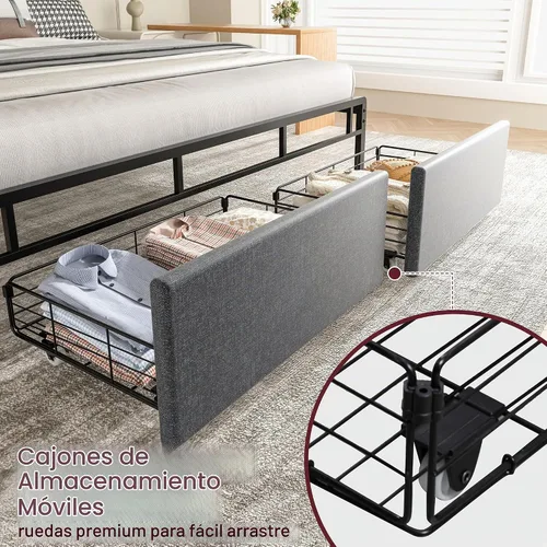 Vista 4 de SUNLEI Base de cama Queen con luz LED y 2 cajones, plataforma de metal con estación de carga y cabecera de almacenamiento de tela de lino, listones