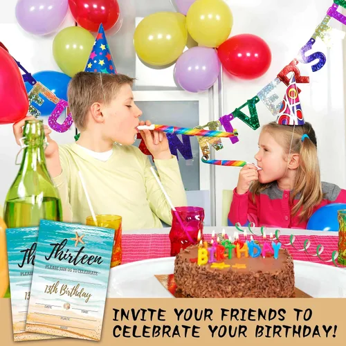 Vista 4 de Invitaciones de cumpleaños de playa A01 – Tarjetas de relleno para fiesta de cumpleaños número 13 para niños y niñas (20 invitaciones con 20 sobres)