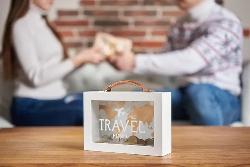 Vista 7 de Caja de dinero de sombra para ahorro de viaje - Banco de monedas para adultos - Tarro de vacaciones - Caja de ahorro blanca con asa - Fondo de luna