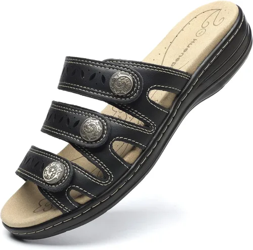 Vista 18 de Sandalias de cuero cómodas para mujer, ligeras, planas, bonitas, sin cordones, informales, para caminar Beige