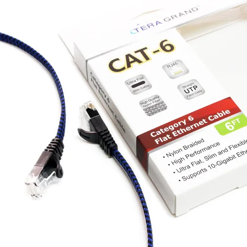 Vista 3 de Cable de red trenzado ultra plano CAT6 10 Gigabit Ethernet de 6 pies, negro/azul, cable LAN de Internet para computadora con conectores RJ45 sin