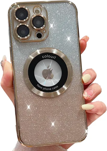 Vista 14 de Funda magnética con purpurina para iPhone 13 Pro Max, compatible con MagSafe con protector de cámara, logotipo suave, de lujo, linda, para mujeres