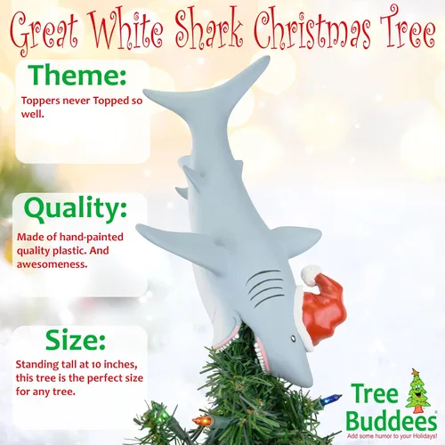 Vista 2 de Tree Buddees Gran adorno para árbol de Navidad de tiburón blanco, grande, 10 pulgadas