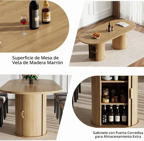 Vista 3 de Mesa de comedor extensible de madera de 63 a 94 pulgadas para 6-8-10 personas, mesa de cocina ovalada expandible con base de gabinete acanalada Mesa