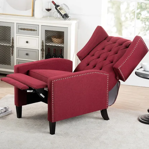 Vista 7 de Silla reclinable manual moderna, sillón informal con patas de madera maciza con decoración de remaches, sofá individual para dormitorio, sala