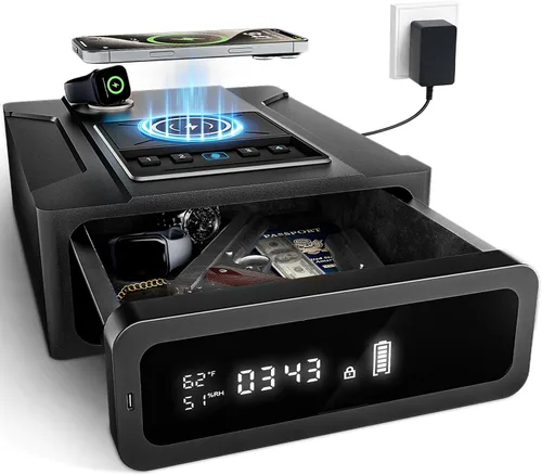 Vista 8 de XDeer Caja fuerte biométrica inteligente para pistola, mesita de noche caja fuerte inteligente con carga inalámbrica para teléfono y reloj, 4