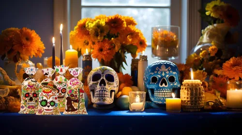 Vista 3 de Threetols 100 bolsas de celofán para Halloween, Día de los Muertos, bolsas de celofán para golosinas de celofán, calavera de azúcar, flores, bolsas