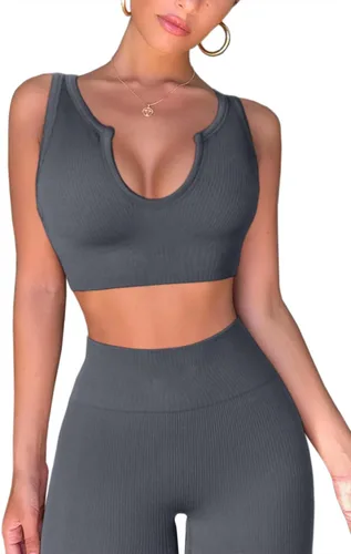 Vista 3 de QINSEN Conjuntos de entrenamiento para mujer, 2 piezas, acanalados, sin costuras, sin mangas, cintura alta, leggings de yoga