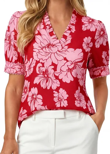 Vista 12 de GRACE KARIN Blusas florales bohemias para mujer, camisas casuales de verano de manga corta abombada, blusa de trabajo de vacaciones con cuello en V