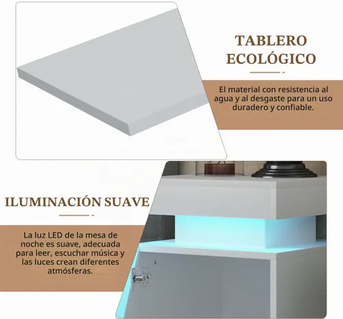 Vista 9 de oneinmil Nightstand Set of 2 with LED Lights, Night Stand with Storage Cabinet for Bedroom, Bedside Table with LED, White Blanco