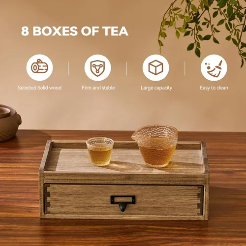 Vista 2 de KIRIGEN Caja de almacenamiento de té de madera maciza de Paulownia con 8 compartimentos, gabinete de té de madera hecho a mano con mango de metal