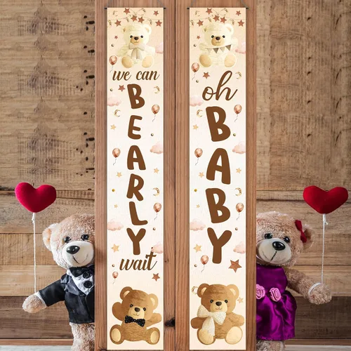 Vista 8 de Decoración de baby shower con texto en inglés «We Can Bearly Wait», 2 unidades, oso para baby shower, porche, letrero de revelación de género