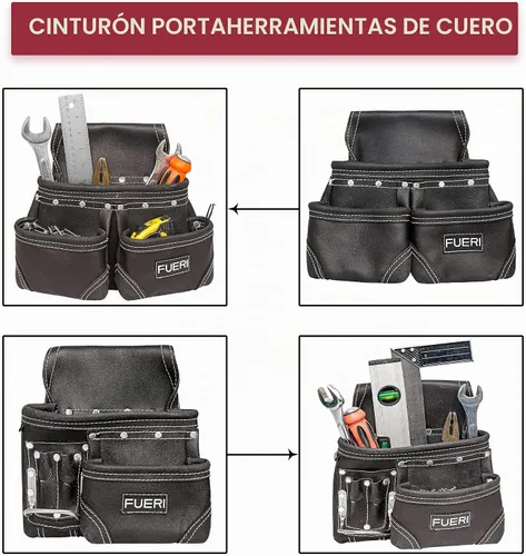Vista 9 de Cinturón de herramientas de cuero chocolate para hombres con funda de doble martillo, viene con bolsas de herramientas, cinturón no acolchado