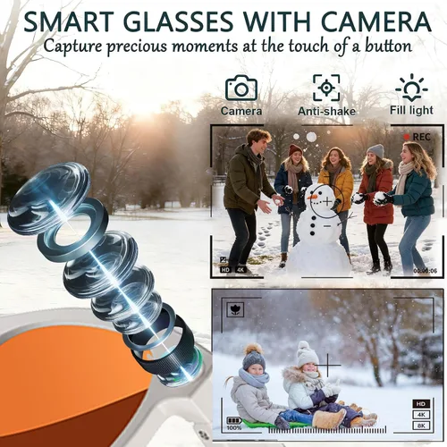 Vista 2 de Gafas Inteligentes con Cámara Gafas AI Gafas Bluetooth Lentes Reemplazables, Batería de 48H para Viajes, Conferencias y Vlogging. Traducción, Blanco