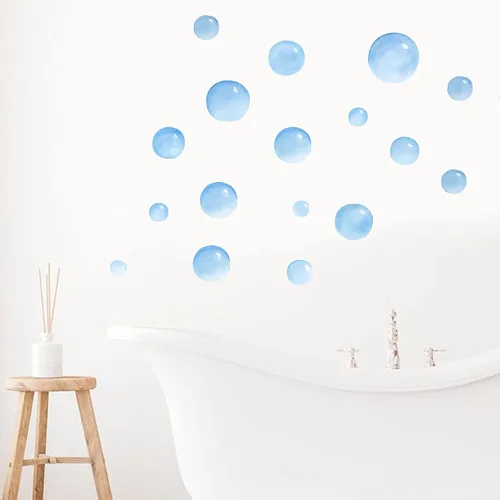 Vista 2 de Calcomanías de burbujas de acuarela para baño, lavandería, 23 calcomanías de burbujas azules pintadas a mano, decoración de baño, sala de estar