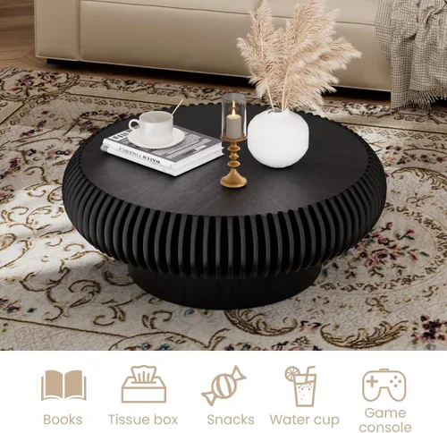 Vista 3 de Mesa de centro redonda de tambor estriado para sala de estar, mesas de centro modernas de mediados de siglo con pedestal resistente, mesa de té negro