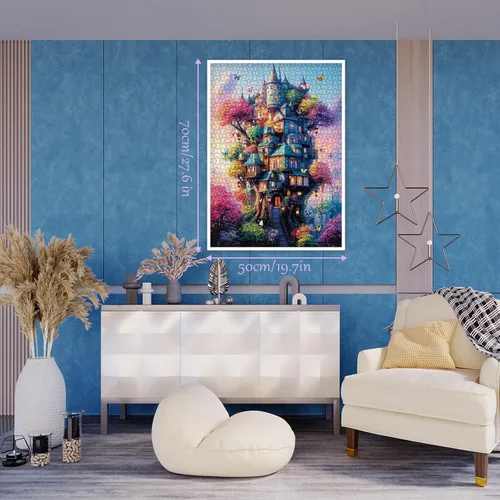 Vista 5 de Rompecabezas de 1000 piezas de casa del árbol de mariposa para adultos, rompecabezas de fantasía, colorido árbol de casa de plantas