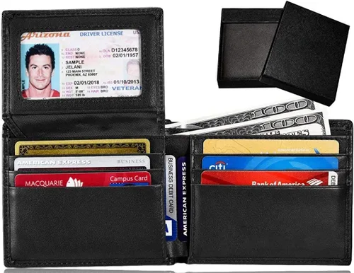 Vista 3 de Billetera de bolsillo de cuero con protección RFID para hombre con caja de regalo con ventana de identificación