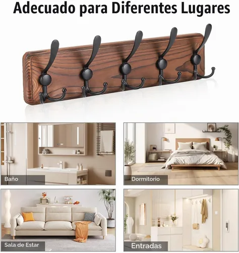 Vista 7 de Gohiuo Perchero Rústico para Montaje en Pared, Ganchos de Pared de Madera con 5 Ganchos Triples, Perchero de Madera Resistente para Colgar