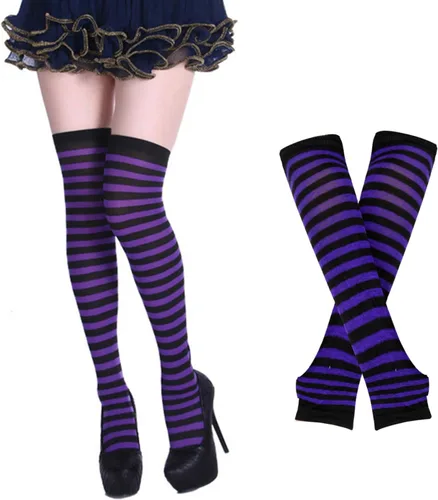 Vista 18 de Benefeet Sox Conjunto de calcetines altos hasta el muslo a rayas arcoíris para mujer, calentadores de brazos, guantes sin dedos, disfraz