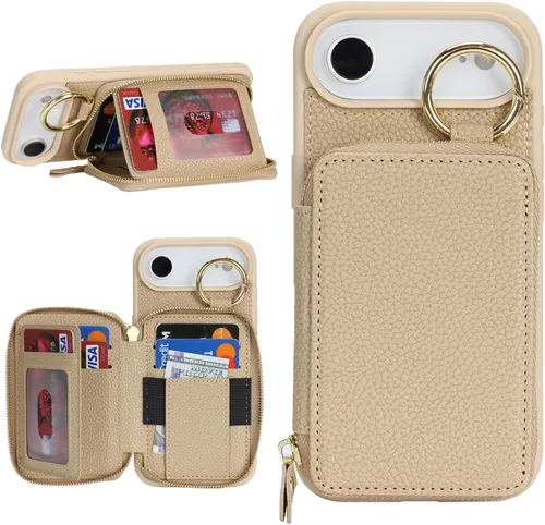 Vista 29 de Funda compatible con iPhone Air Wallet con tarjetero para iPhone Air, funda con cremallera y ranura para mujer, 5G de 6.5 pulgadas, color oro rosa