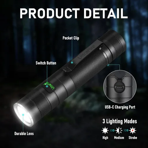 Vista 5 de ULTRAFIRE Linterna táctica y funda de 1200 lúmenes, 3 modos de luz flash recargable USB-C para EDC, camping y paseo de perros