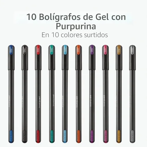 Vista 3 de Pentonic Bolígrafos de Gel con Purpurina, 10 unidades, 10 colores surtidos, punta gruesa de 1.0 mm, escritura suave para journaling, toma de notas