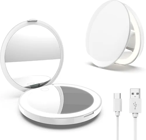 Vista 8 de MY BEAUTY LIGHT Espejo compacto brillante con luz de aumento recargable duradera 1X/3X, espejo de maquillaje de viaje de 3000K-6000K con luces