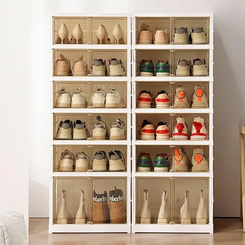 Vista 3 de Organizador plegable para zapatos, almacenamiento de zapatos apilable de 6 niveles con puerta transparente magnética, organizador grande de plástico