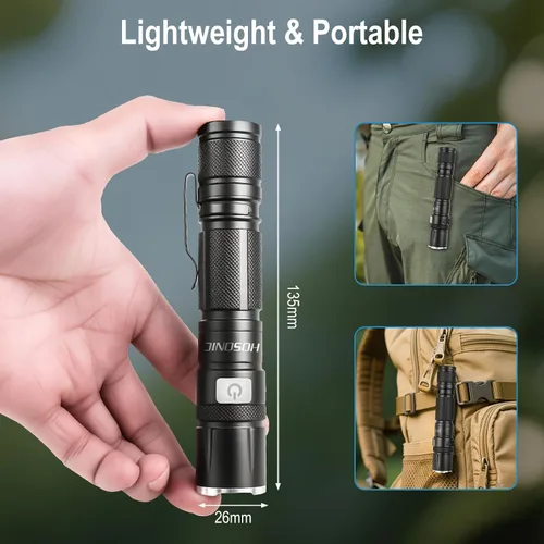 Vista 4 de Linternas recargables, linterna de bolsillo EDC de alto lúmenes con clip, 5 modos de luz de flash pequeña súper brillante potente para camping