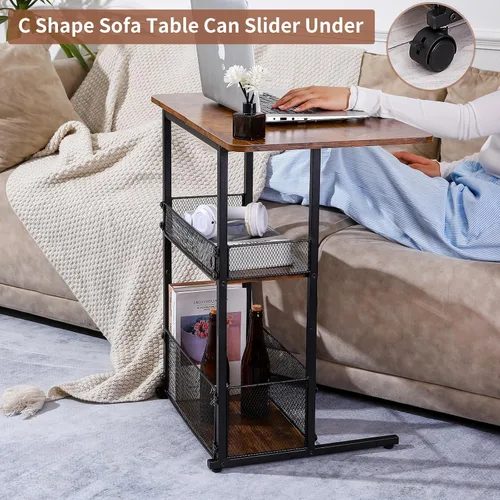 Vista 5 de Mesa auxiliar en forma de C con cesta de almacenamiento, mesa de sofá pequeña con ruedas para sofá reclinable, mesas auxiliares color marrón rústico