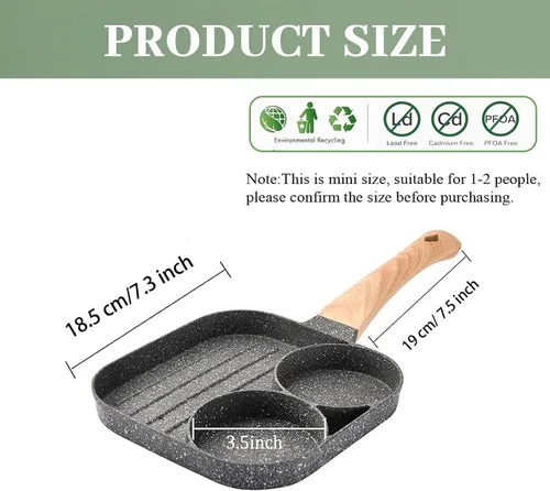 Vista 4 de JUSTUP Sartén antiadherente para huevos, mini sartén antiadherente 3 en 1, sartén dividida, mango resistente al calor, sartén de 3 secciones, mini