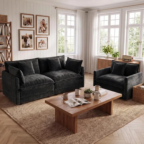 Vista 49 de Tmsan Chenille Cloud - Juego de sofá y silla, color beige y blanco Blanco beige