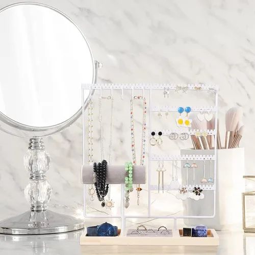 Vista 7 de WONSURE Organizador de joyas, soporte para collares, colgador de aretes colgantes, estante de torre de joyería de 5 niveles, organizador de aretes