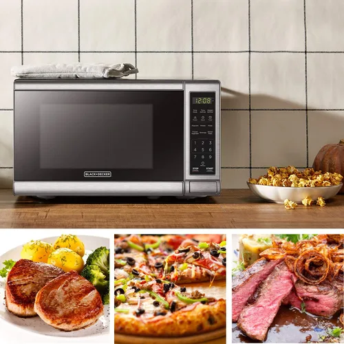 Vista 4 de BLACK+DECKER EM720CB7 Horno microondas digital con puerta giratoria con botón, bloqueo de seguridad para niños, 700 W, acero inoxidable, 0.7 pies