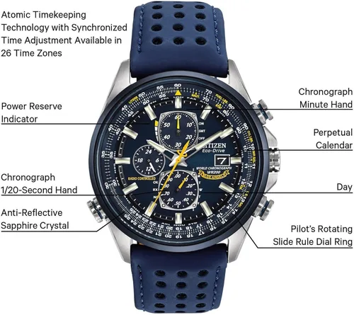 Vista 2 de Citizen Men's Eco-Drive Sport Luxury World Chronograph Atomic Time Keeping Watch Correa de cuero azul y esfera azul