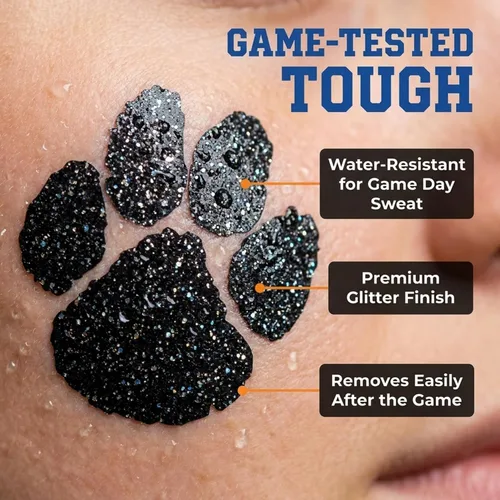 Vista 4 de Anderson's Juego de 100 calcomanías negras con purpurina para el cuerpo, tatuajes, Cheek Cheek Cheers, equipo para fanáticos de los deportes